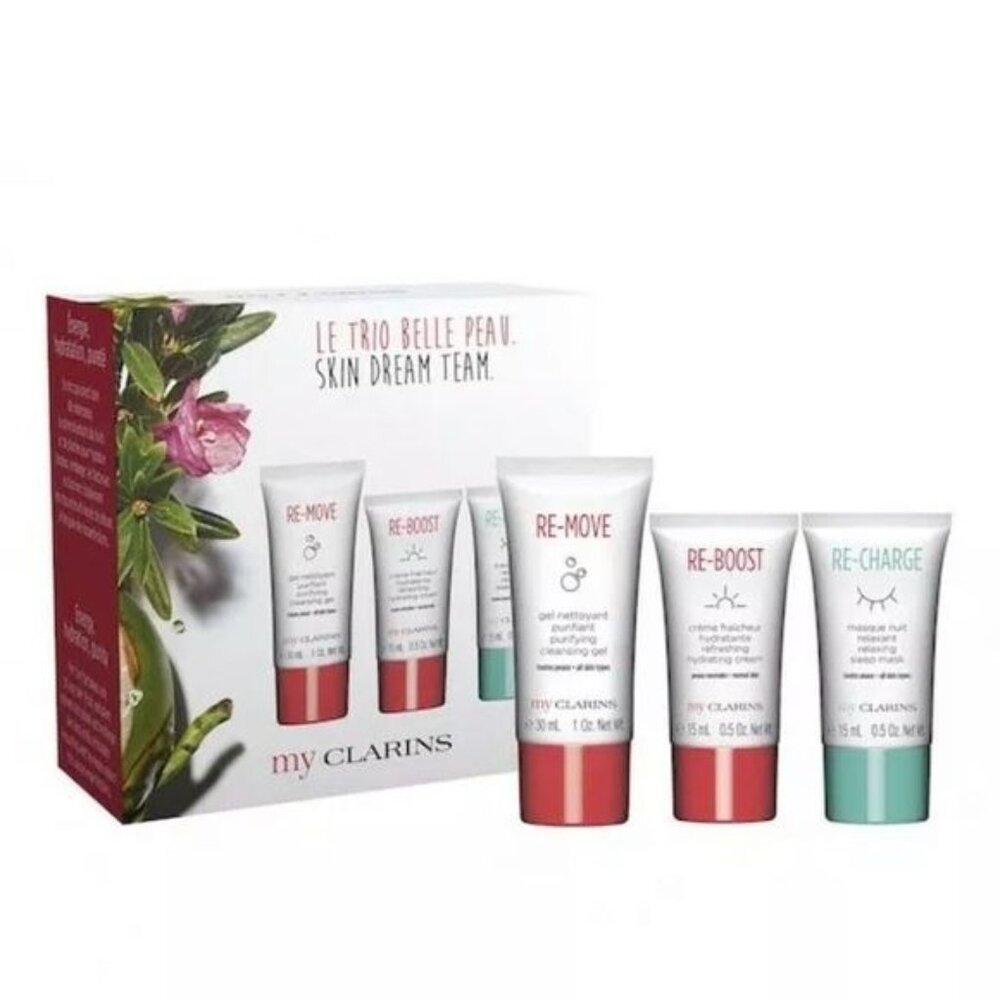 New 3PC Clarins Skin Dream Team Set Cleansing Gel Hydrating Cream Sleep Mask